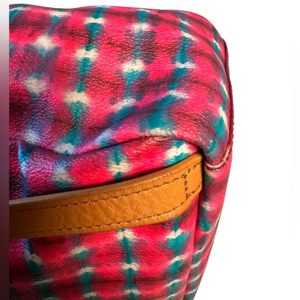 Tory Burch multicolor printed backpack with tan leather trim, top handle bag.